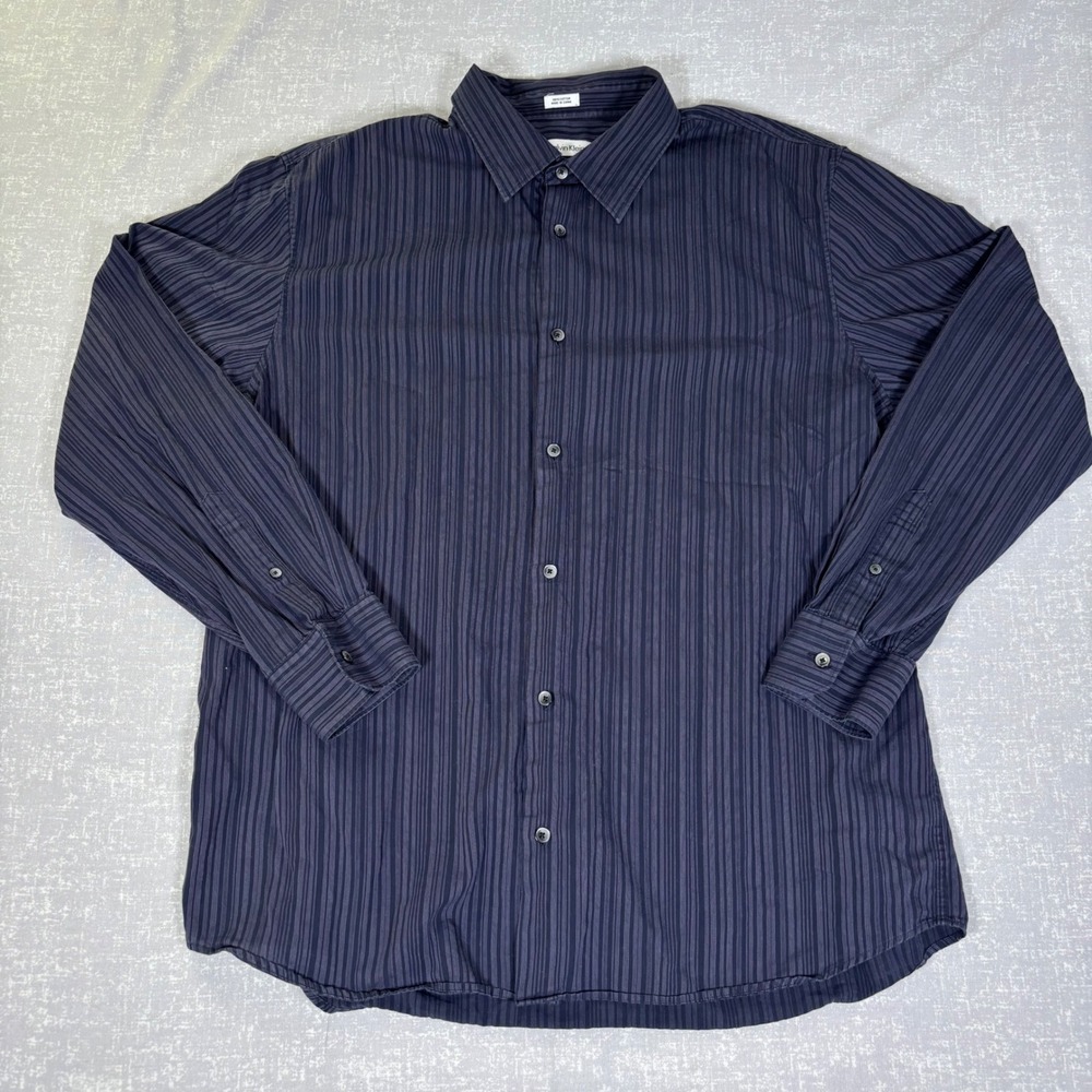 Calvin Klein Mens XL Button Up Shirt Long Sleeve Striped Navy Blue Cotton Casual